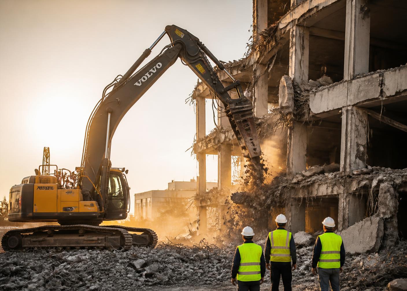 Graafmachine breekt bakstenen muur van een woning af